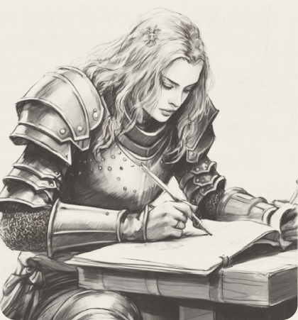 A brave knight bravely writes in an ancient guestbook.